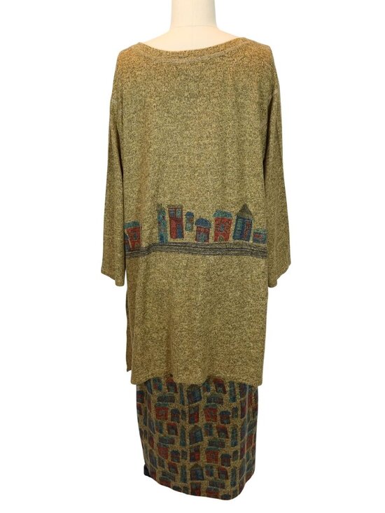 INOAH Dog Village Novelty Print Knit Top Midi Skirt Set Outfit Size L Lagenlook - Picture 3 of 10